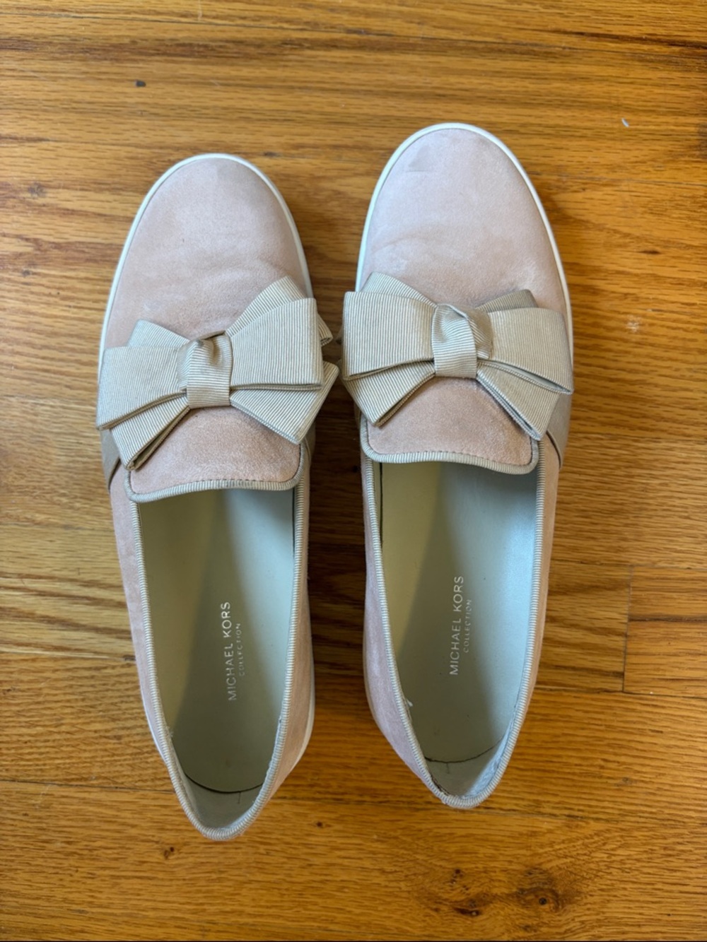 Michael Kors Collection Women's Light Pink Suede Slip-On Loafers with Bow